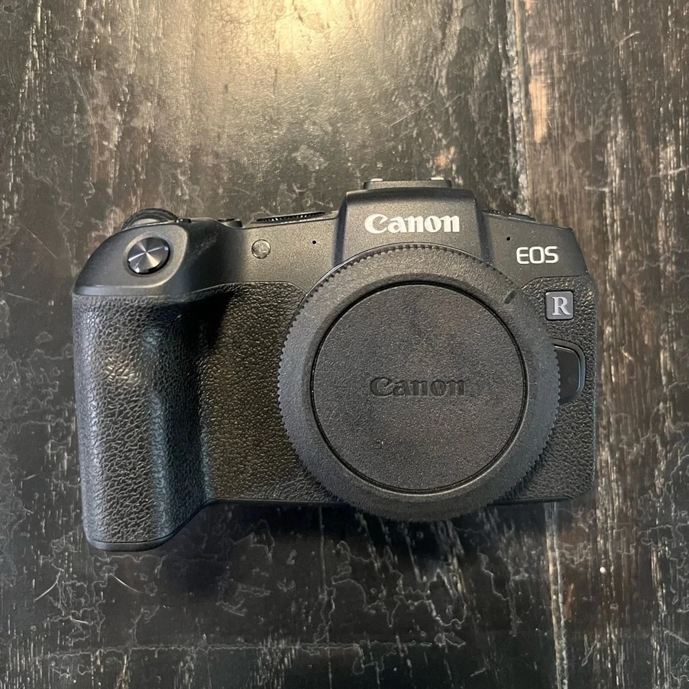 Canon EOS RP with mount adapter, two lenses, gimbal, and strap